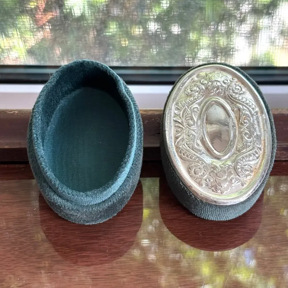 Godinger Silver Plated Vintage Oval Velvet Trinket Box, Dark Blue